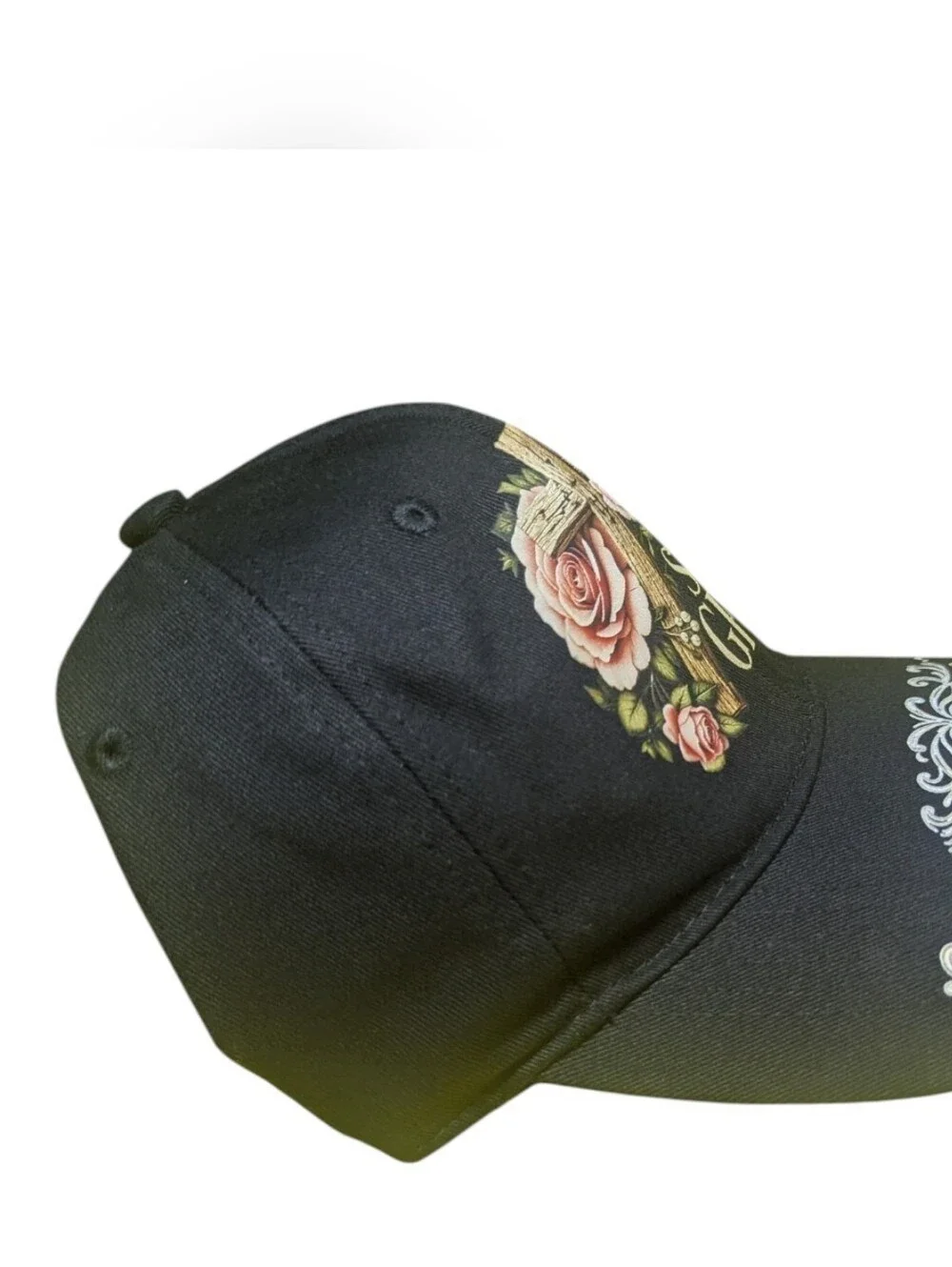 NEW Saved By Grace Redeemed Black Baseball Cap O/S Adjustable Hat Cross Floral